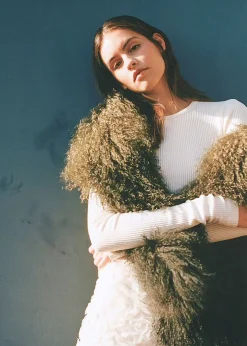 Clearance CHARLOTTE SIMONE Khaki Ombre Shaggy Mongolian Lambswool Scarf