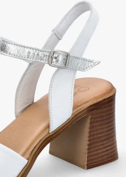 Sale MODA IN PELLE Lanie White & Silver Leather Block Heel Sandals