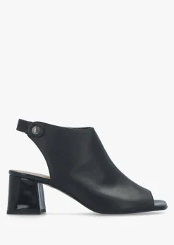New DANIEL Larai Black Leather Block Heel Peep Toe Sandals