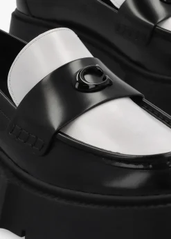 Sale COACH Leah Black & Optic White Leather Platform Loafers