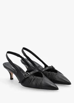 Fashion DANIEL Nouche Black Leather Rouched Kitten Heel Sling Backs