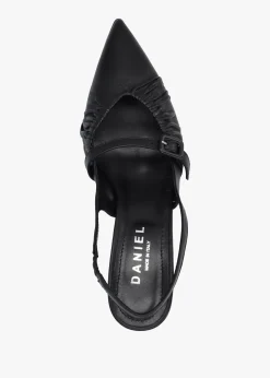 Fashion DANIEL Nouche Black Leather Rouched Kitten Heel Sling Backs