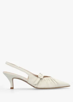 New DANIEL Nouche Cream Leather Rouched Kitten Heel Sling Backs