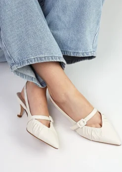 New DANIEL Nouche Cream Leather Rouched Kitten Heel Sling Backs