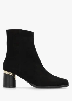 New DANIEL Penelope Black Suede Gold Trim Heeled Ankle Boots