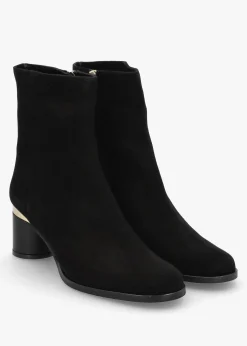 New DANIEL Penelope Black Suede Gold Trim Heeled Ankle Boots