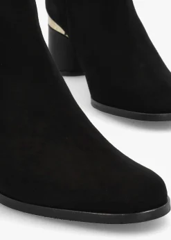 New DANIEL Penelope Black Suede Gold Trim Heeled Ankle Boots