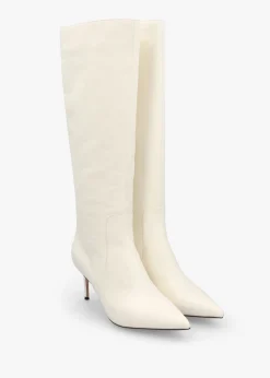 Hot DANIEL Saffia Cream Leather Slim Heel Knee Boots