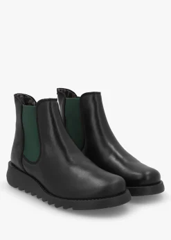 Outlet FLY LONDON Salv Black & Green Leather Wedge Chelsea Boots