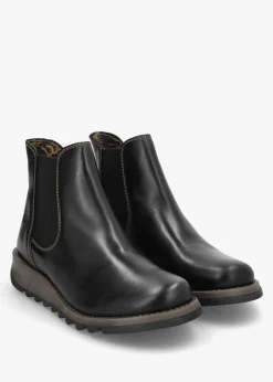 Fashion FLY LONDON Salv Black Rug Leather Wedge Chelsea Boots