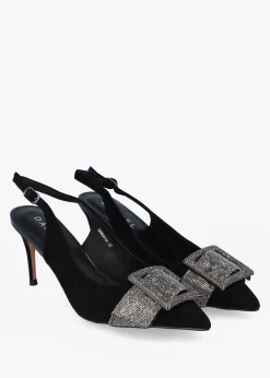 Discount DANIEL Samantha Black Suede Diamante Buckle Heeled Sling Backs