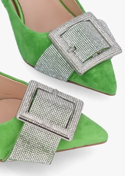 Fashion DANIEL Samantha Green Suede Diamante Buckle Heeled Sling Backs