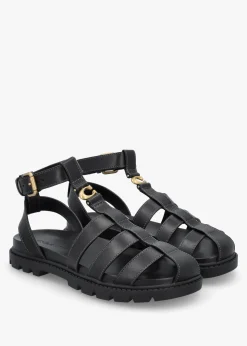 Discount COACH Sculpted C Fisherman Black Leather Sandals