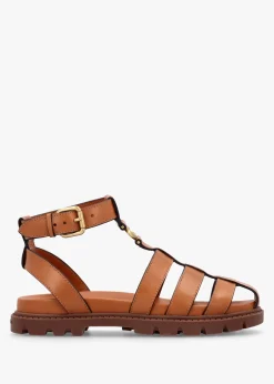 Fashion COACH Sculpted C Fisherman Cognac Leather Sandals