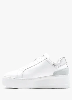 New DANIEL Sibley White Leather Silver Flash Flatform Trainers