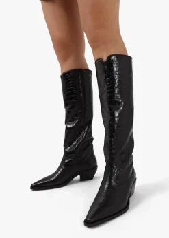 New DANIEL Skira Black Leather Moc Croc Western Knee Boots