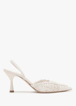 Hot DANIEL Tiffi Low White Leather Woven Sling Back Mid Heel Court Shoes
