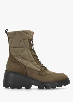 New WONDERS Toronto Khaki Suede & Nylon Wedge Ankle Boots