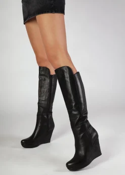 Best DANIEL Wiser Black Leather Knee High Wedge Boots