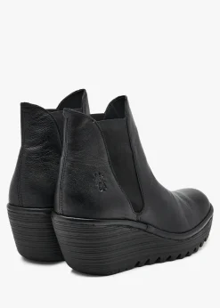 Hot FLY LONDON Woss Black Leather Wedge Ankle Boots