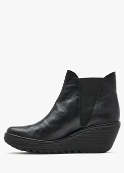 Hot FLY LONDON Woss Black Leather Wedge Ankle Boots