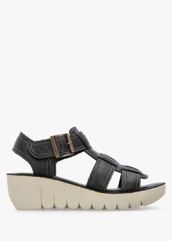 Fashion FLY LONDON Yudd Black Leather Wedge Sandals